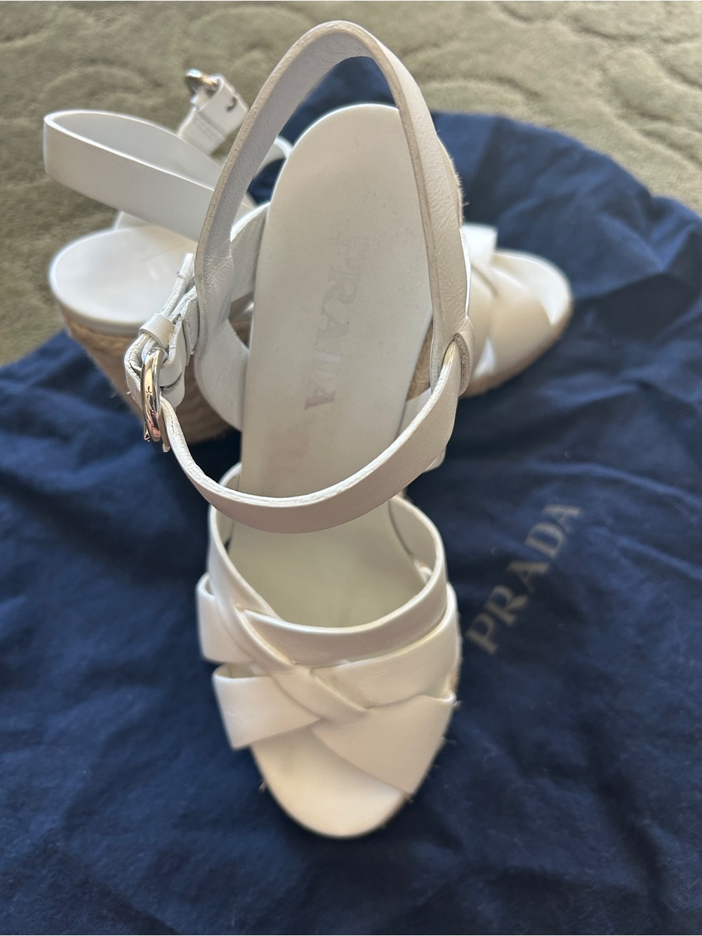 Prada White Leather Platform Wedge Espadrille Sandals